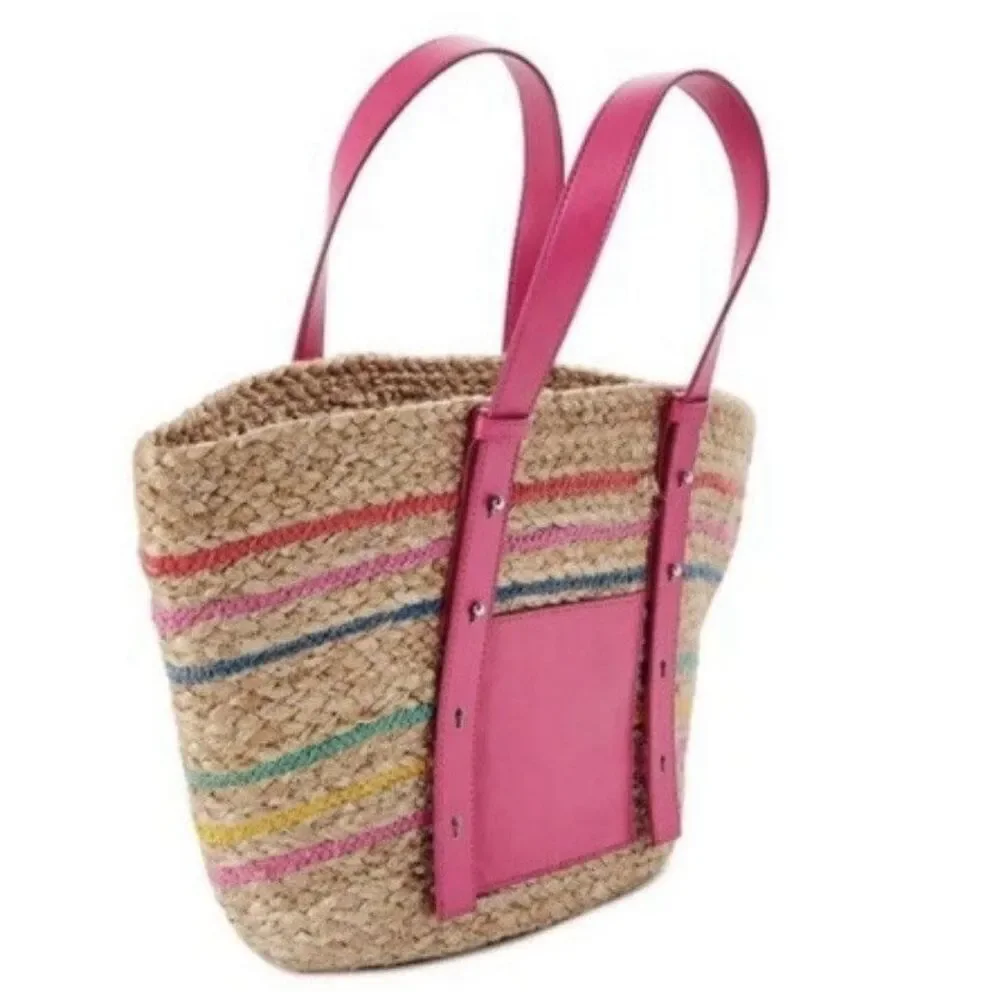 Time & Tru Natural Jute Straw Braided Striped Pink Pocket Tote/Shoulder Bag